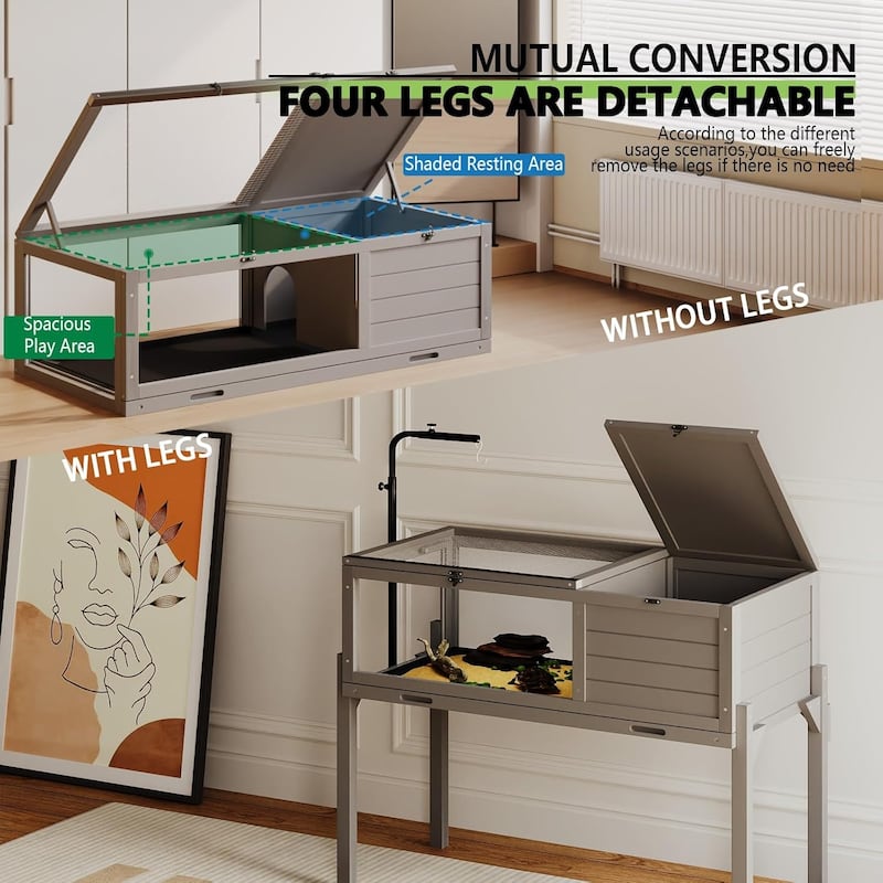 BOSSIN Tortoise Habitat with Detachable Legs, Wooden Tortoise House Reptile Cage for Small Animals with Lamp Holder