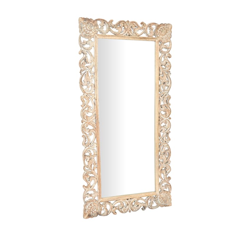 Mango Wood Floral Intricately Carved Wall Mirror - Light Brown - Roche River Decor - 2"W x 36"L x 72"H