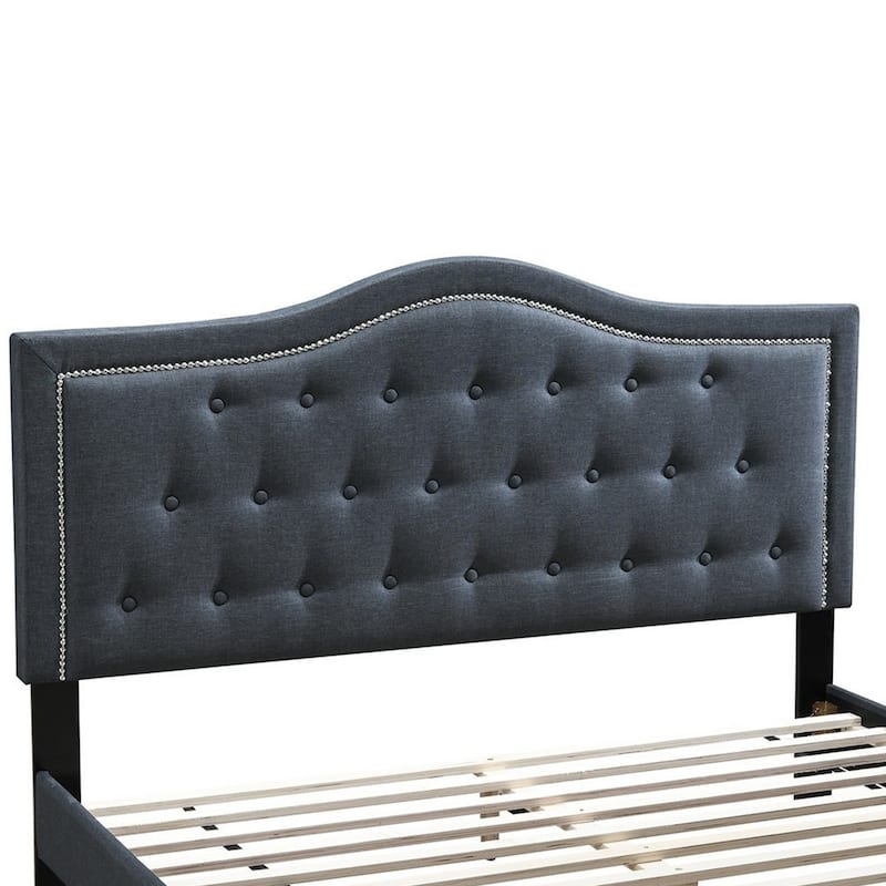Button Tufted Twin Burlap Bed with Curved Headboard, Charcoal Gray