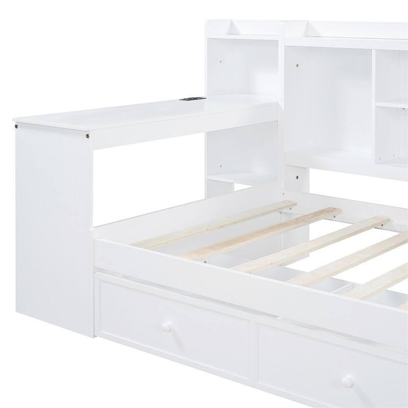 Twin/Full Daybed with 3 Storage Drawers and Bedside Desk, Wooden Day Bedframe Sofa Bed with Storage Shelves and USB Ports