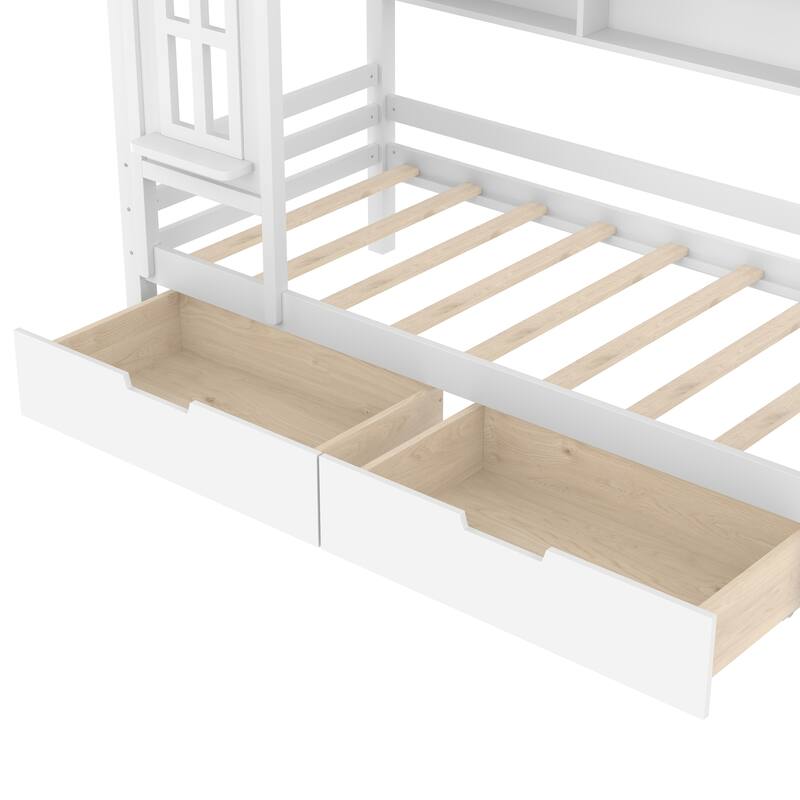 Charming House Bed for Girls, Boys Low Platform Bed Frame with Under-bed Drawers, Storage Shelves, Window and Roof