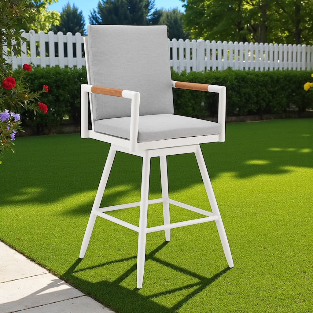 HomeRoots 43" Light Gray Metal Swivel Outdoor Counter Height Bar chair with Footrest