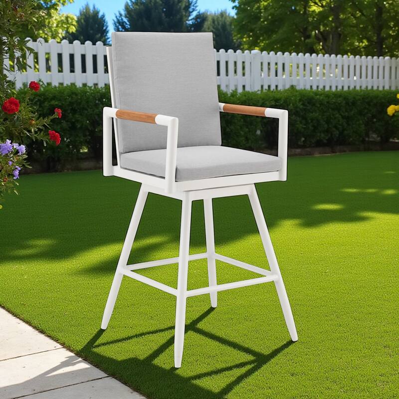 HomeRoots 43" Light Gray Metal Swivel Outdoor Counter Height Bar chair with Footrest - Light Gray
