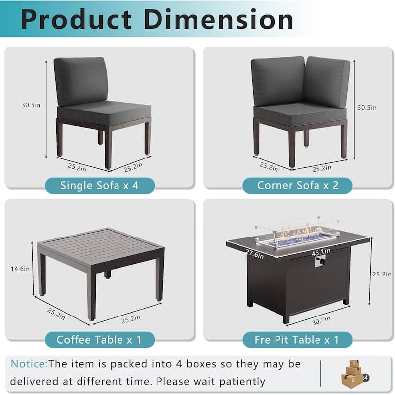 Kullavik 7 Piece Outdoor Furniture Set, Modern Metal Sectional Sofa with Thick Cushions and Coffee Table