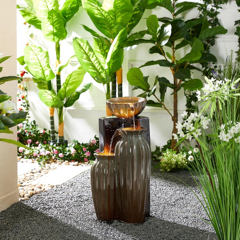 Glitzhome 27"H/35"H 3-Tier or 4-Tier Embossed Pattern LED Ceramic Pots Fountain
