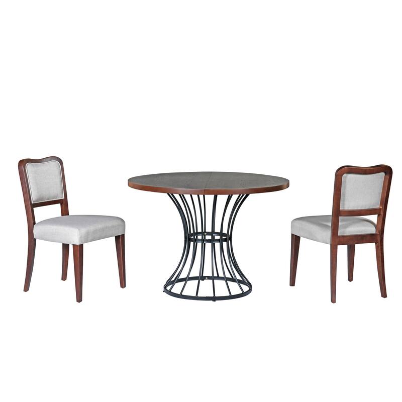 42" Round Dining Set - Solid Wood-Look Veneer Table + 2 Upholstered Walnut-Finish Chairs, Heavy-Duty Iron Base