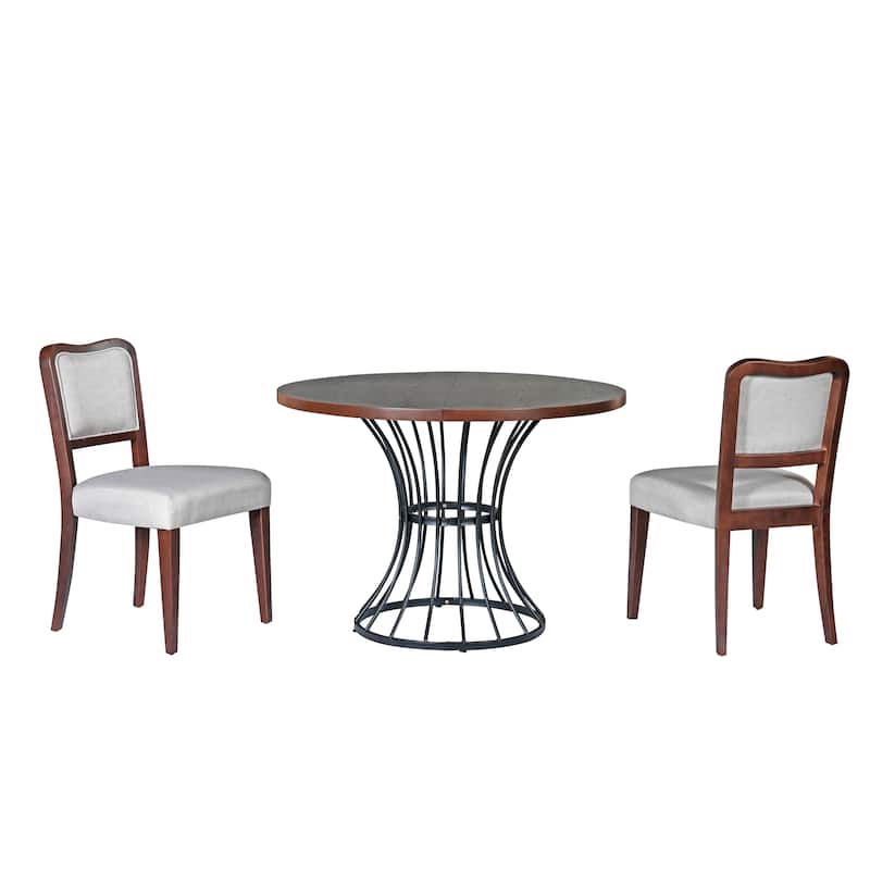 42" Round Dining Set-Solid Wood-Look Veneer Table +2 Upholstered Walnut-Finish Chairs,Heavy-Duty Iron Base,Space-Saving,3-Piece