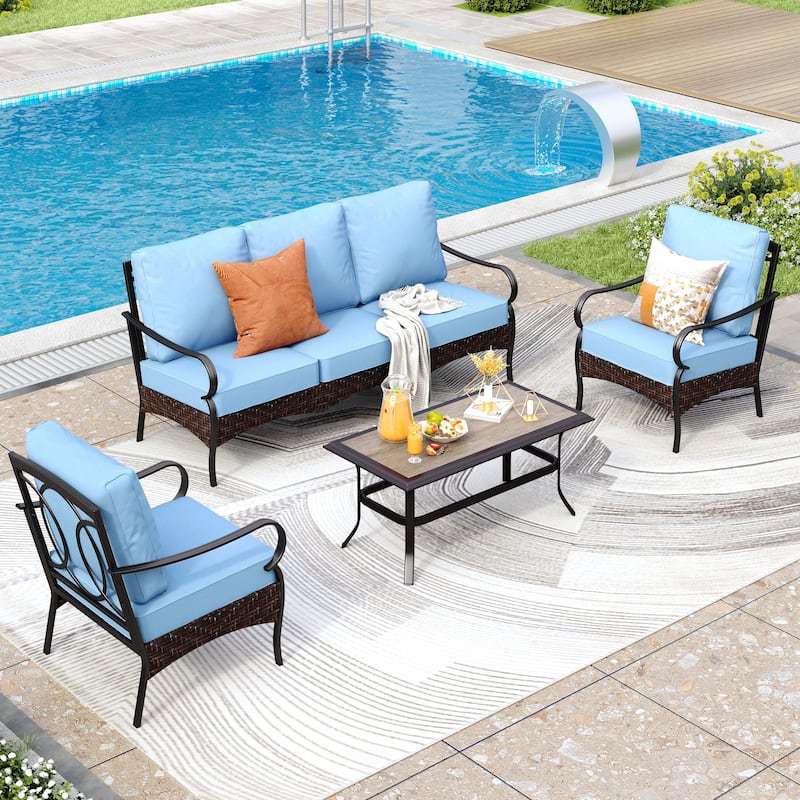 MAISON ARTS 4-Piece Rattan Wicker Patio Furniture Set with Swivel Chairs, Metal Frame & Coffee Table for Outdoor Spaces