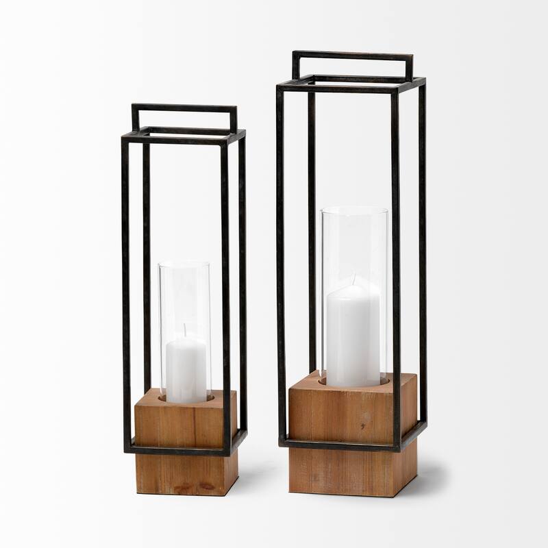 Orionis Brown Wood with Black Metal Square Candle Holder Lantern
