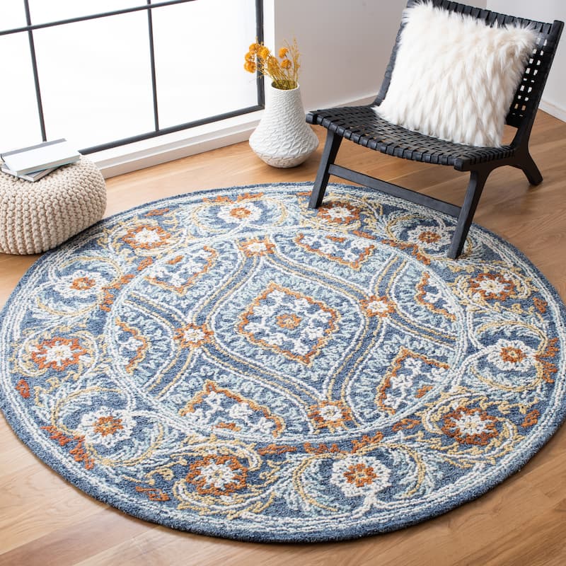 SAFAVIEH Handmade Blossom Ademara Traditional Wool Rug - 6' Round - Navy/Yellow