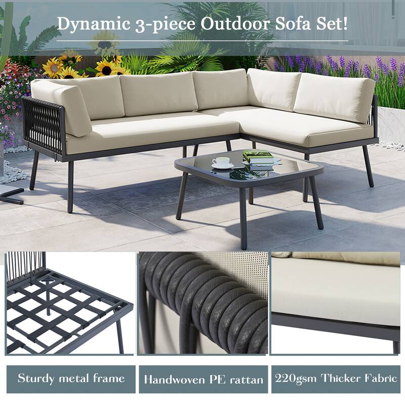 Modern Outdoor 3-Piece PE Rattan Sectional Sofa Set with Cushions and Glass Table