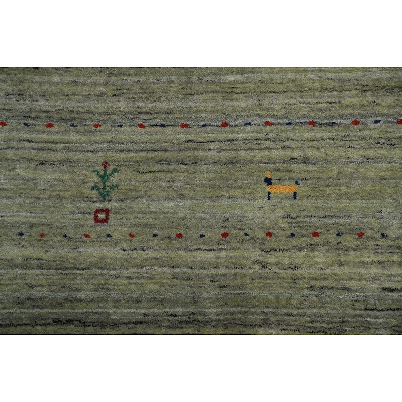 Green Wool Tribal Gabbeh Oriental Area Rug, Handmade Modern Carpet - 9' 10'' X 6' 6''