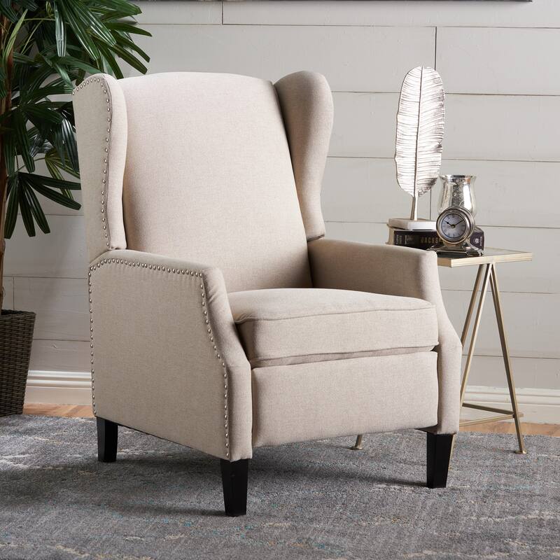 Roomfitters Floral Push-Back Recliner Chair with Wingback Design, Tapered Wood Legs - Beige