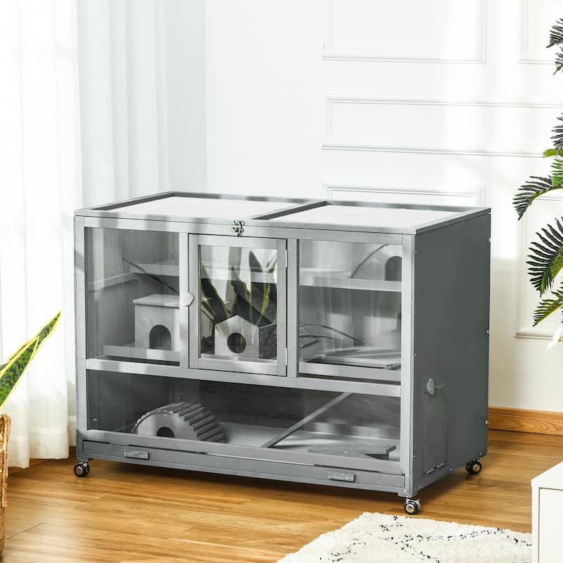 Slate Grey Fir Wood Hamster Cage 3-Tier with Plexiglass and Wheels - 43.25" L x 23.5" W x 31.5" H