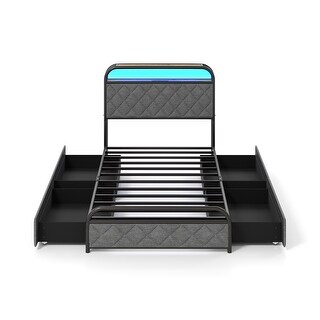 Black Metal Twin Platform Bed with LED Lights Storage Headboard and Drawers