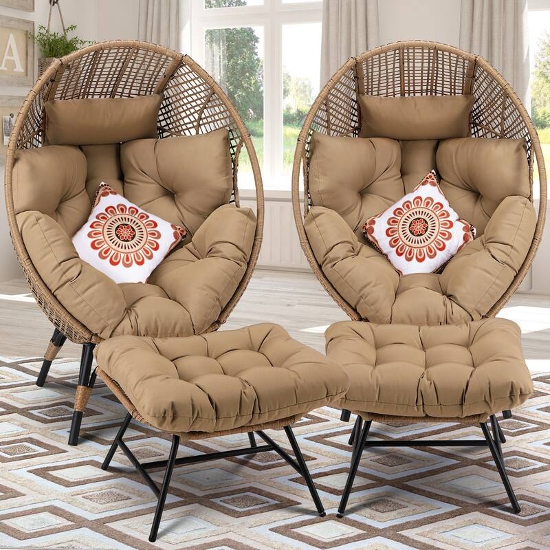 FINCATI Indoor Wicker Egg Chair Set with Ottoman, Cozy Accent Seating, 440 lbs Capacity - 2 PCS-Brown