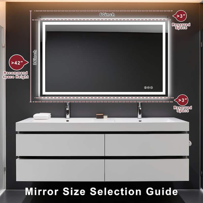 Extra Large LED Bathroom Mirror Anti-Fog Tempered Wall Vanity Mirror with Double Light Strip, Dimmable, UL-Listed