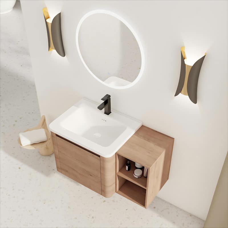 36'' Wall-Mounted Bathroom Vanity with White Ceramic Sink and Storage Shelves & 1-Soft-Close Door, KD-Packing, Plywood - Imitative Oak
