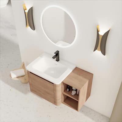 36'' Wall-Mounted Bathroom Vanity with White Ceramic Sink and Storage Shelves & 1-Soft-Close Door, KD-Packing, Plywood