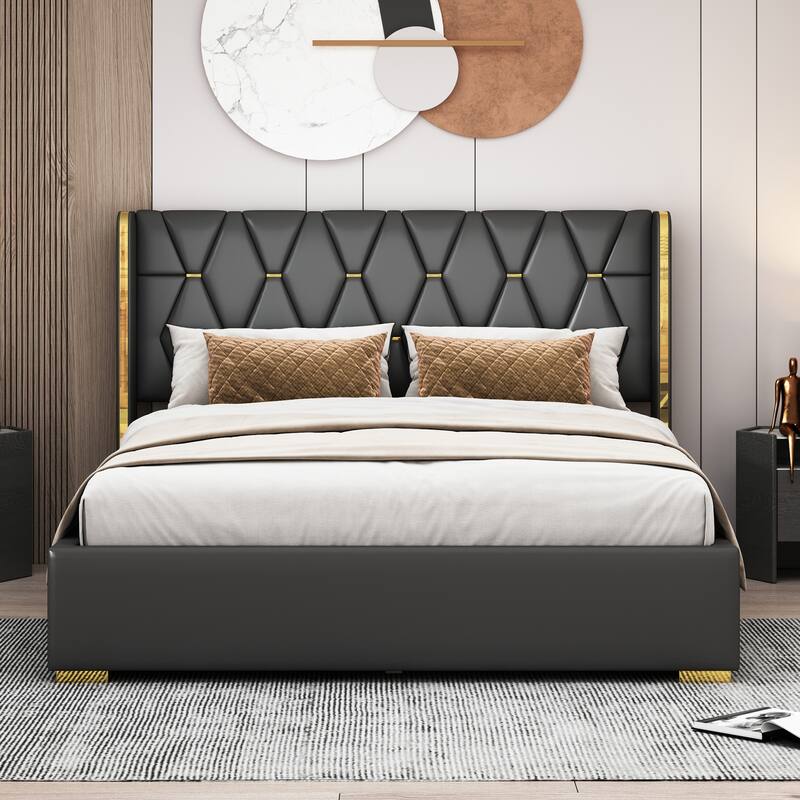 Contemporary Full Size PU Upholstered Platform Bed with Wooden Frame and Slat Support