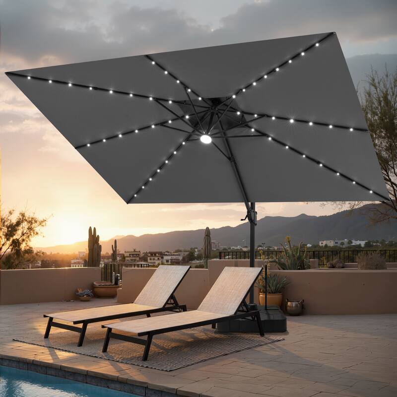 12 x 9 FT Outdoor Patio Cantilever Umbrella with Solar Lights Double Canopy 360 Rotation Tilt with Rod Wheel Base - Dark Grey