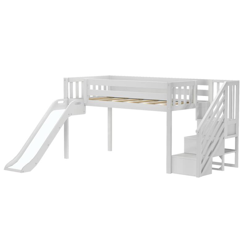 Max and Lily Classic Twin Low Loft with Stairs, Easy Slide and Curtain