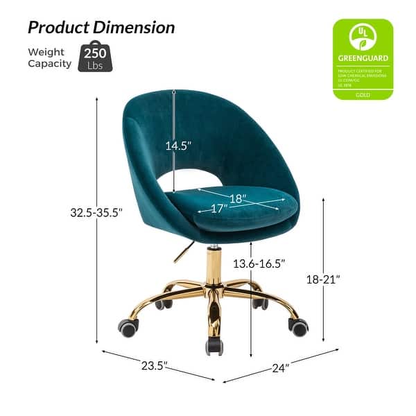 dimension image slide 14 of 18, HULALA HOME Ramona Modern Velvet Height Adjustable 360 Swivel Task Chair with Metal Base