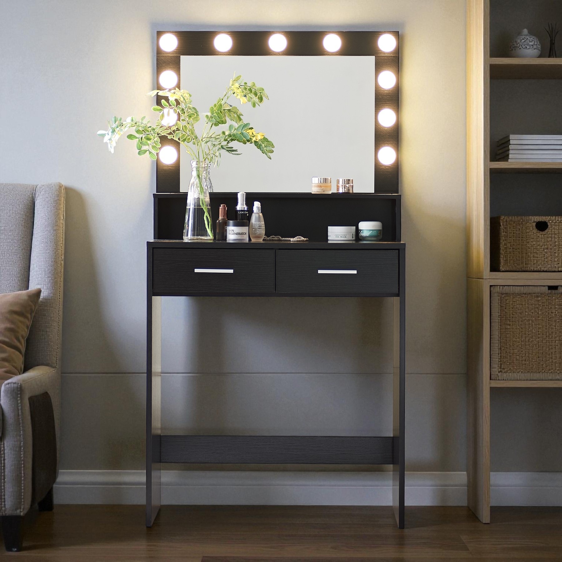 Vanity Desk with Mirror and Lights, Dressing Table with Large Drawer and 2-Level Storage, 3 Lighting Modes