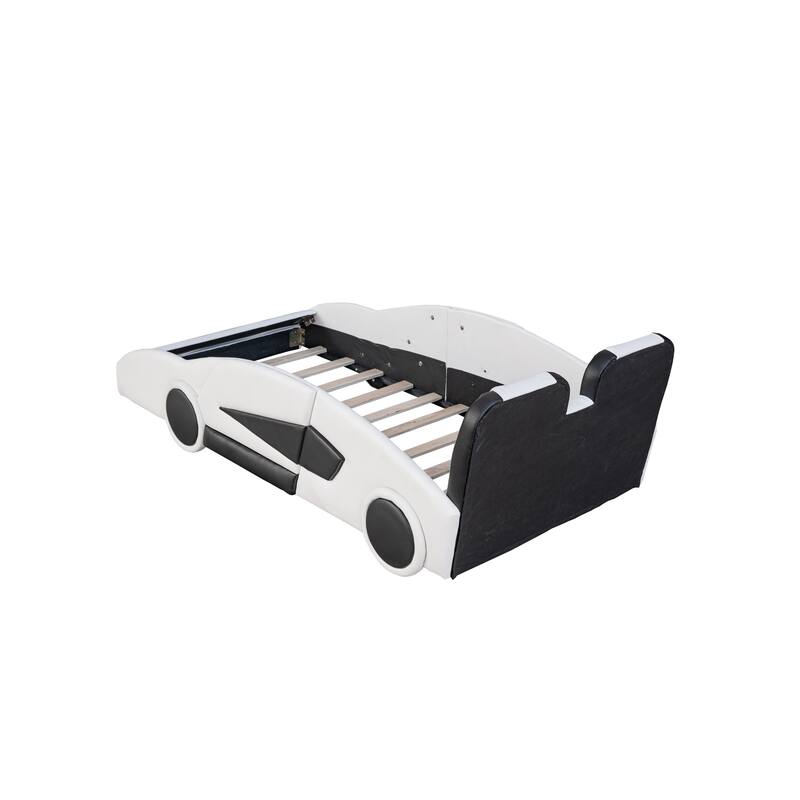 Twin Size Race Car-Shaped Bed with Wheels, White