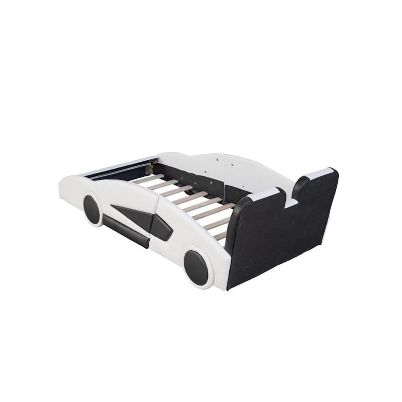 Vibrant White Twin Race Car Bed on Wheels - Kids' Dream Ride!