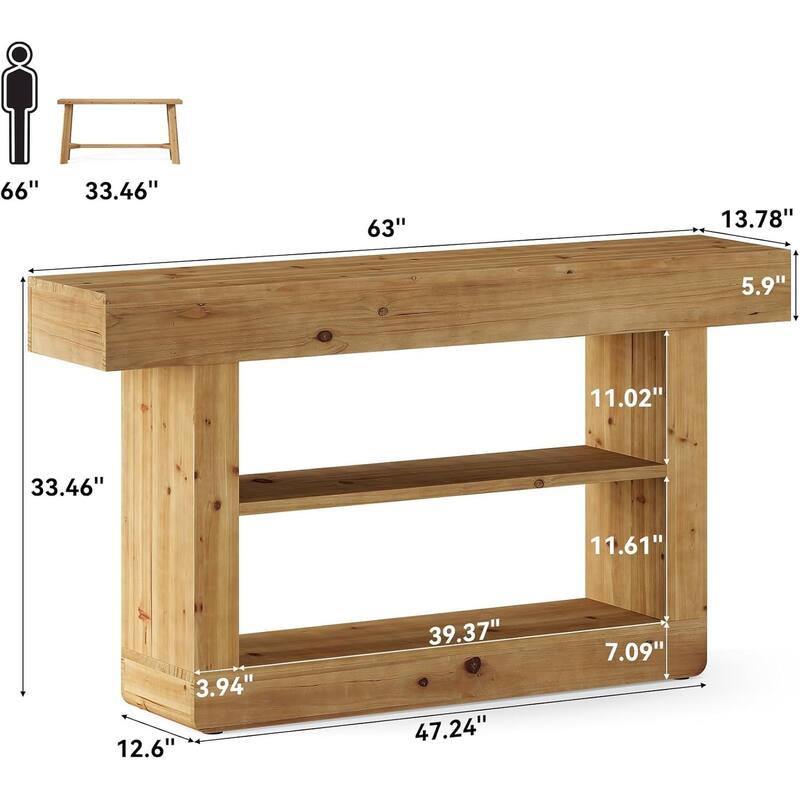 63'' 3-Tier Solid Wood Console Table for Entryway Living Room Hallway