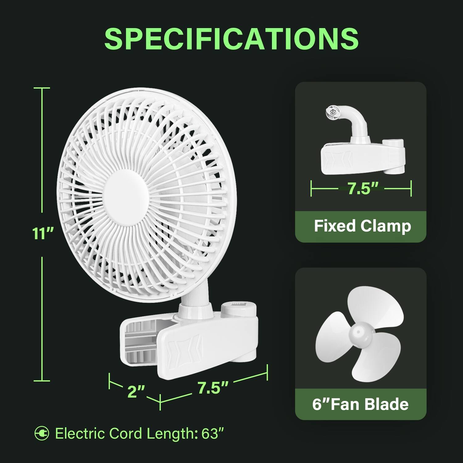 6'' 15W 2Speeds Control Grow Tent Poles Clip Fan, Manually Adjustable