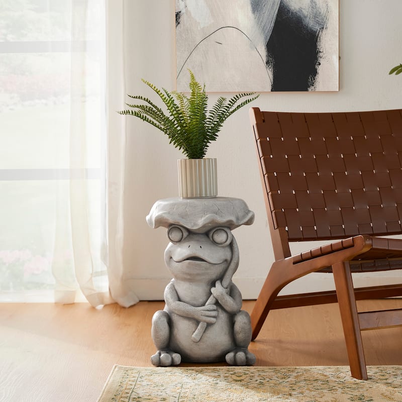 Glitzhome 19"H MGO Frog and Lotus Faux Concrete Garden Stool