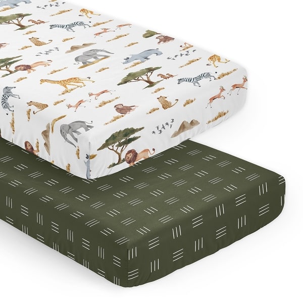 slide 2 of 6, Sweet Jojo Designs Jungle Animals Boy Girl Gender Neutral Unisex 2 Pack Fitted Crib Sheets Boho Wildlife Safari Animal Elephant