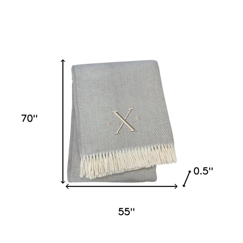 55" X 70" Gray And White Herringbone Cotton Blend A Initial Throw Blanket with Tassels And Embroidery