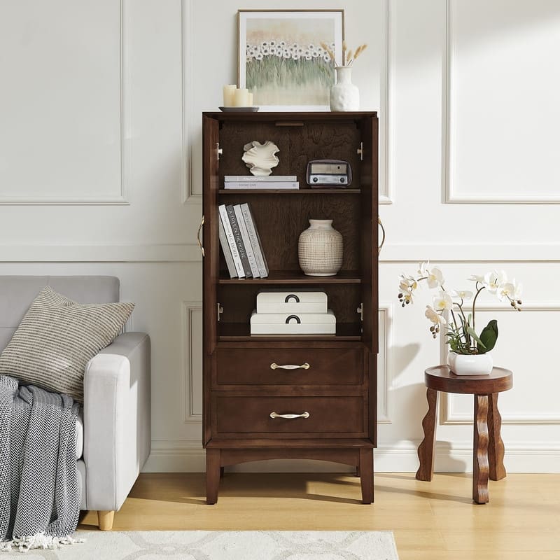 Mid Century Modern 53.5" Tall Kitchen Pantry Storage Cabinet with Doors and Drawers for Entryway Living Room Kitchen Garage