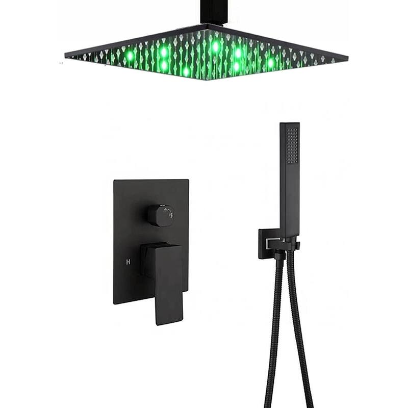 matte black ceiling mount 16 inch 3 LED light rain head 2 way shower faucet with handle sprayer - 7'6" x 10'9"