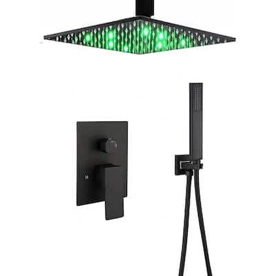 matte black ceiling mount 16 inch 3 LED light rain head 2 way shower faucet with handle sprayer - 7'6" x 10'9"