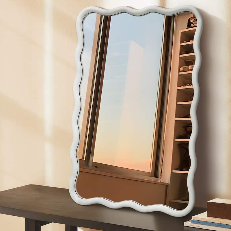 Scalloped Wood Frame Rectangle Wavy Wall Mirror - 24x36 - White