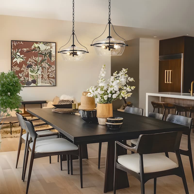 Zelena Modern Farmhouse 3-Light Black Chandelier Fishbowl-Shaped Glass Pendant Lights for Dining Room