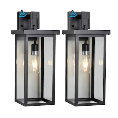 20" Set of 2 Modern Black Outdoor Lanterns with Clear Glass & Light Sensors - Weatherproof for Porch/Garage (E26 Compatible)