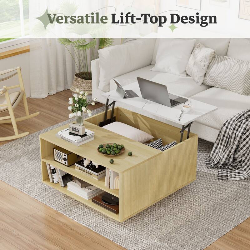 31.5" Fluted Lift Top Coffee Table with Storage, Boho Lift-Top Center Table with Hidden Compartment for Small Space