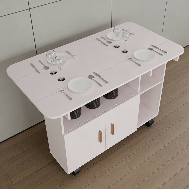 Modern Folding Drop Leaf Dining Table with Wheels, Drawer for Small Spaces