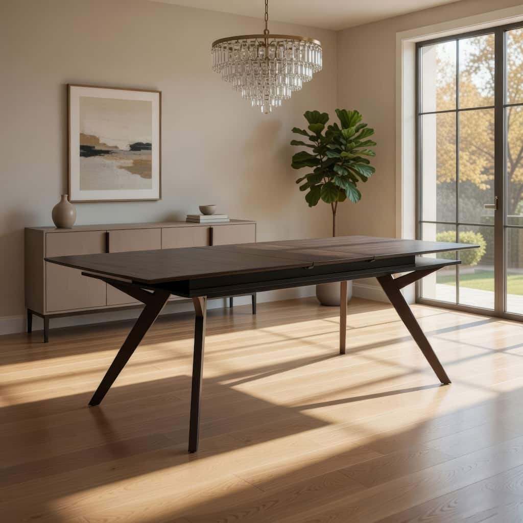 Wooden Dining Table with Extendable Leaf and Storage Shelf, Dark Brown