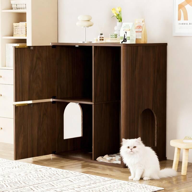 31.5" Walnut Cat Litter Cabinet with Cat Tree, Grooved Concealed Litter Furniture Featuring Dual Cat Doors and Storage Shelves