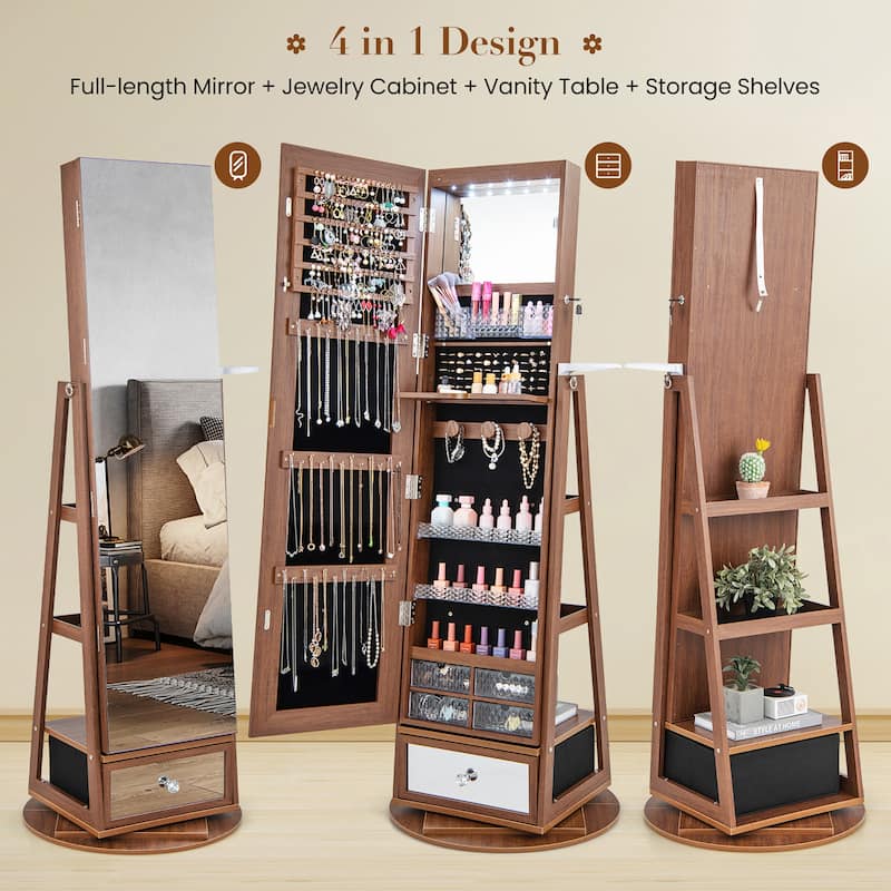 Gymax Swivel Jewelry Cabinet Full Length Mirror w/Built-in Lights
