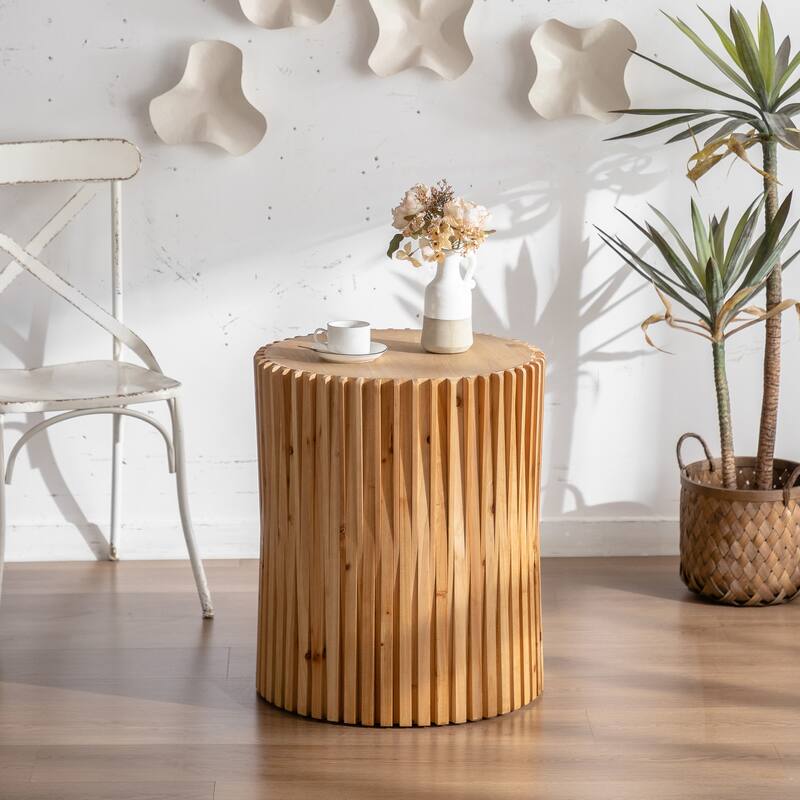 Retro Fashion Style Cylindrical Coffee Table with Vertical Texture Relief Design,Suitable for Living Room,Office,and Dining Room