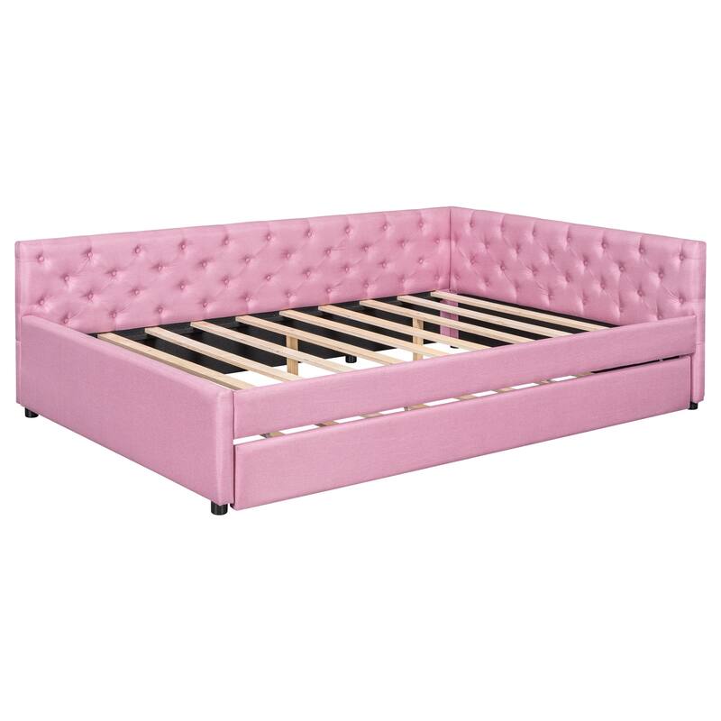 Full XL Size Upholstered Platform Bed Frame with Trundle, Elegant Tufted Button Design and Extra Sleeping Space for Bedroom