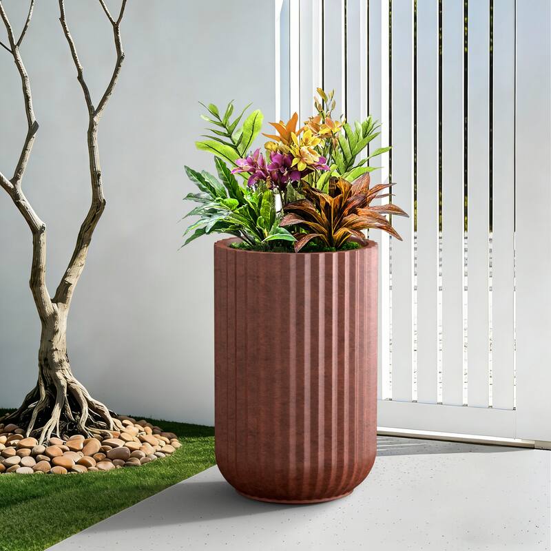 Concrete Tall Round Ribbed Design Planter with Drainage Hole