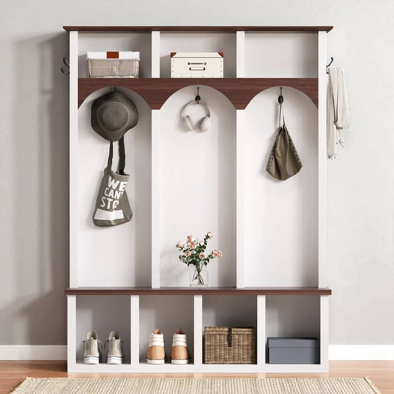 Farmhouse Wooden Hall Tree with Arched Design, Entryway Storage Bench with 5 Hooks and 7 Shoe Cubbies for Mudroom